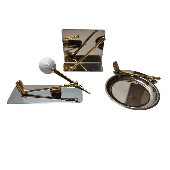 Vintage Golf Desk Set Paperweight Memo Holder Trinket Tray and Letter Opener - Picture 1 of 6